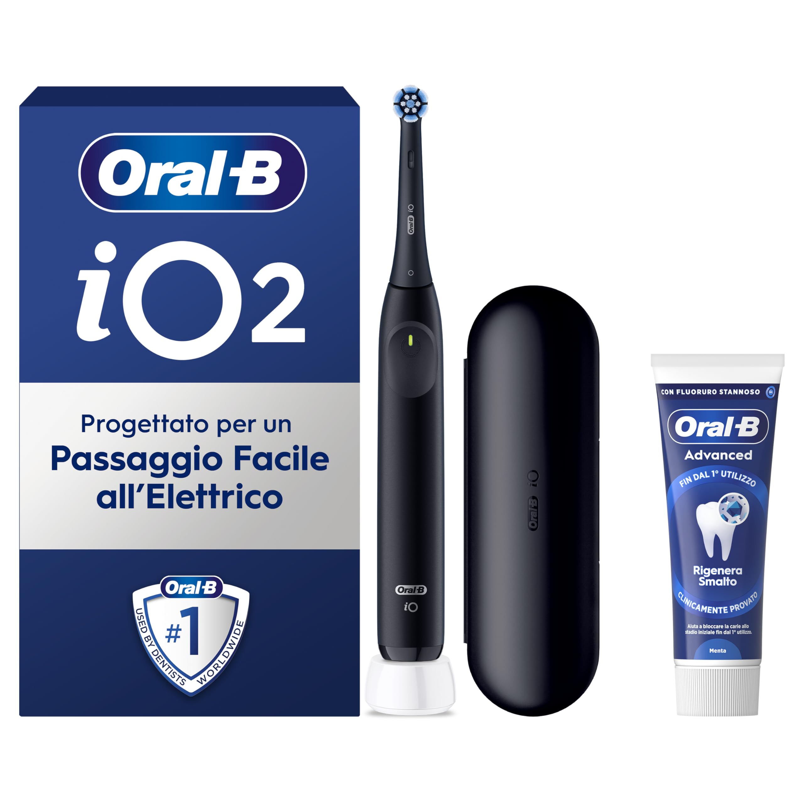 Oral-B iO 2 Spazzolino Elettrico Nero, 1 Testina Di Ricambio per Spazzolino Elettrico, Caricatore, Custodia Da Viaggio + 1 Dentifricio Oral B Advanced Rigenera Smalto, Pulizia Denti Efficace