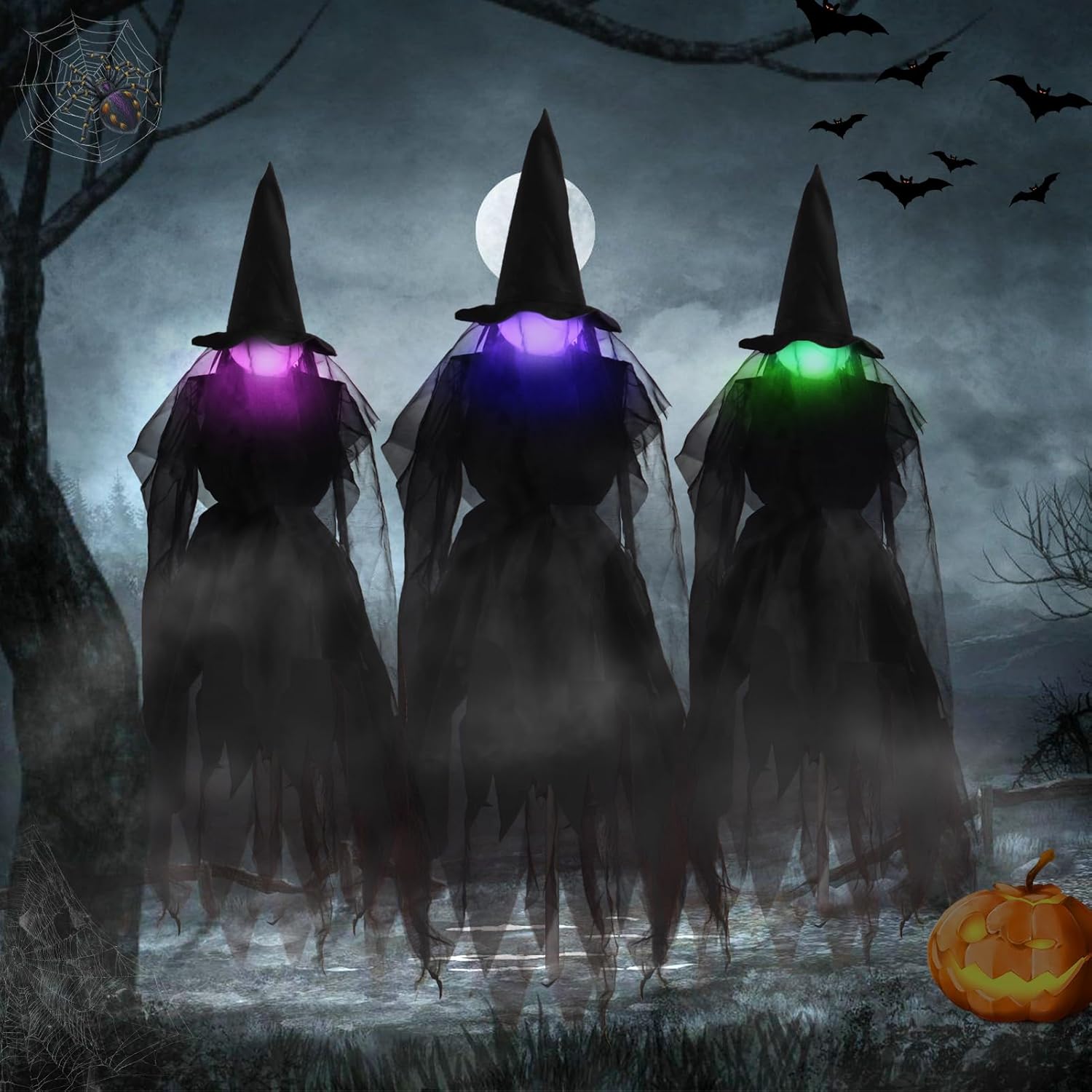 Decorative Garden Stakes - Halloween Decorations Outdoor Witch Decor, 51'' Set of 3 Lighted Up Witches Holding Hands Decorations Outdoor with Stakes for Outdoor Garden Yard Lawn Haunted House Party Decor
