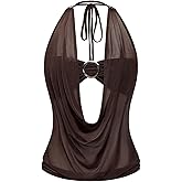 SweatyRocks Women's Sheer Mesh Ruched Draped Halter Top Y2K Sexy Cut Out Backless Going Out Tops