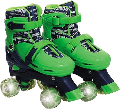 Patins Roller infantil 4 Rodas Paralelas Verde com Luz de Led Ajustável