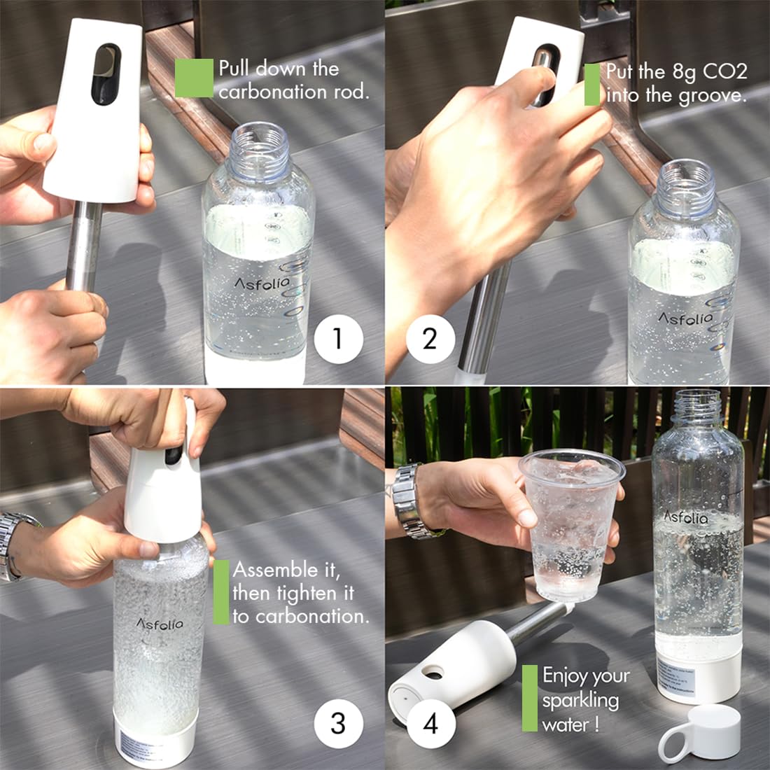 Asfolia Portable Sparkling Water Maker - Travel Soda Maker for Home & Outdoor, 1L Carbonating Bottle, 10 pcs CO2 Cylinders, Compact Carbonated Water Machine for Flavored Drinks, Soda Machine (White)