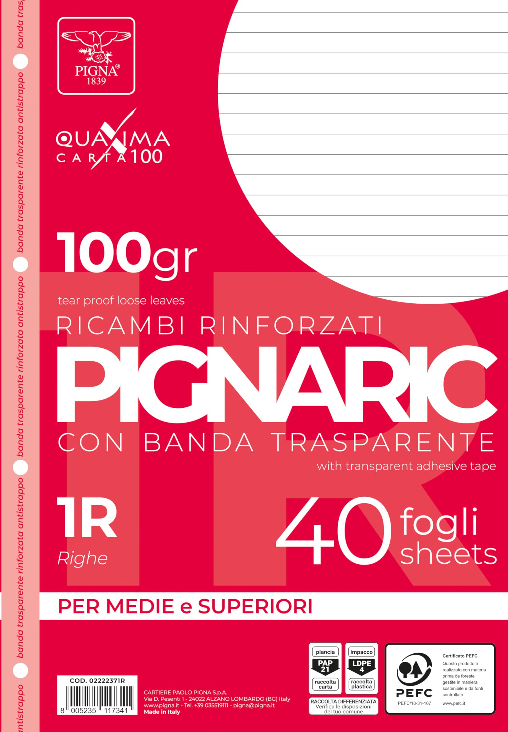 Pigna, Pack of 40 Spare Parts with 4 Holes, Filing, Reinforced Sideband, Reinforced Punched Sheets, 100g Paper, A4 Sheets, 21 x 29.7, 1R, Ruled