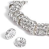 Mabor 100Pcs Rhinestone Spacer Beads 10mm Silver Rondelle Spacer Beads, Crystal Rhinestone Loose Bead for DIY Jewelry Bracelet Earring Making