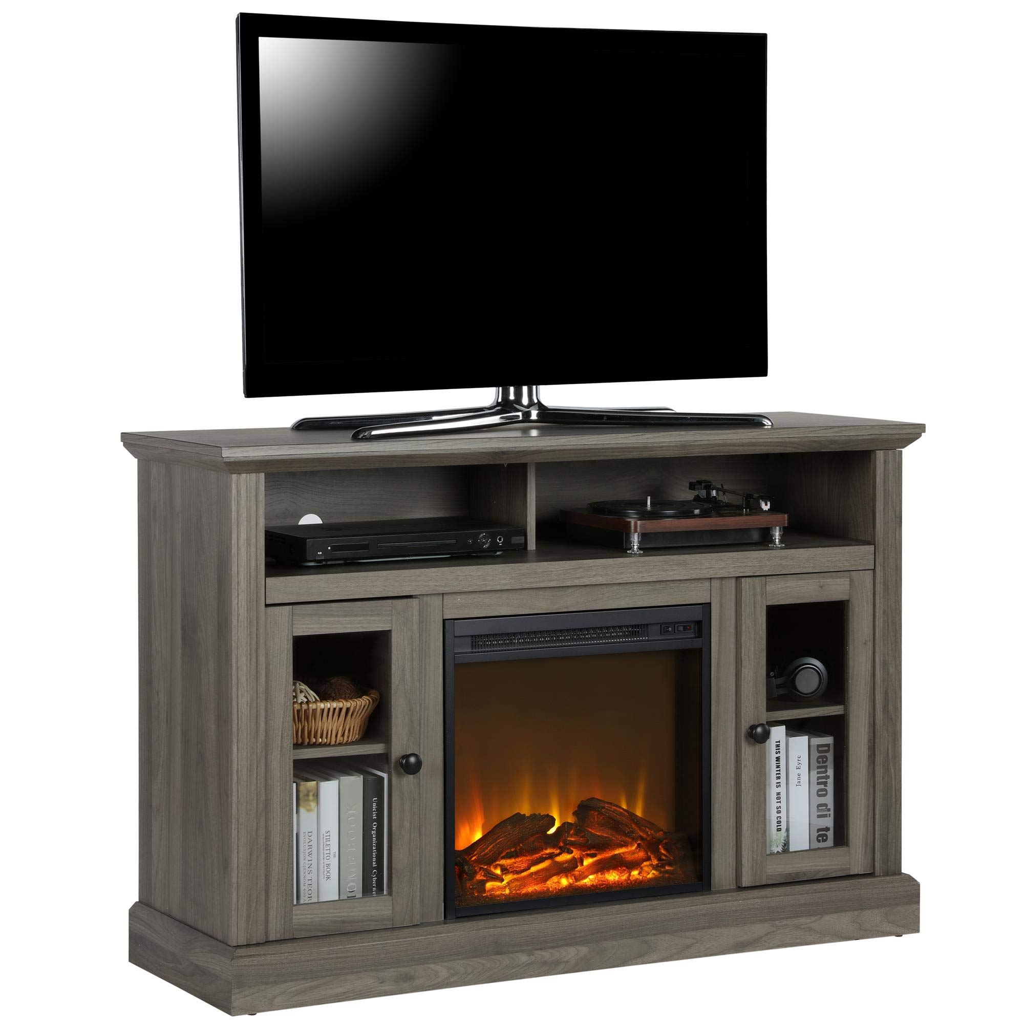 Ameriwood Home Chicago TV Stand with Fireplace, Rustic Gray