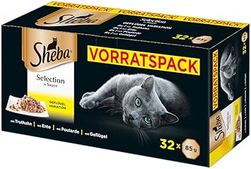 Sheba Selection in Sauce – Katzenfutter mit Geflügelhäppchen in Sauce für ausgewachsene Katzen – 32 x 85g Katzennahrung