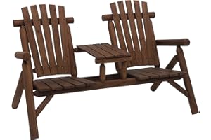 Outsunny 2-Seat Wooden Adirondack Chair, Patio Bench with Table, Outdoor Loveseat Fire Pit Chair for Porch, Backyard, Deck, Carbonized