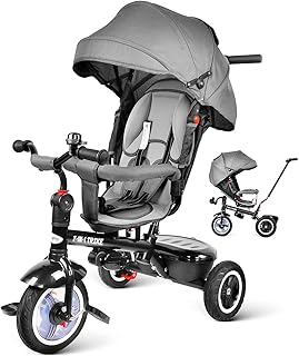 besrey Dreirad 7-in-1 Kinder Fahrrad mit 360° Drehsitz + Luftkammerrad + Liegefunktion ab 9 Monate bis 6 Jahre + Regenschutz - Grau