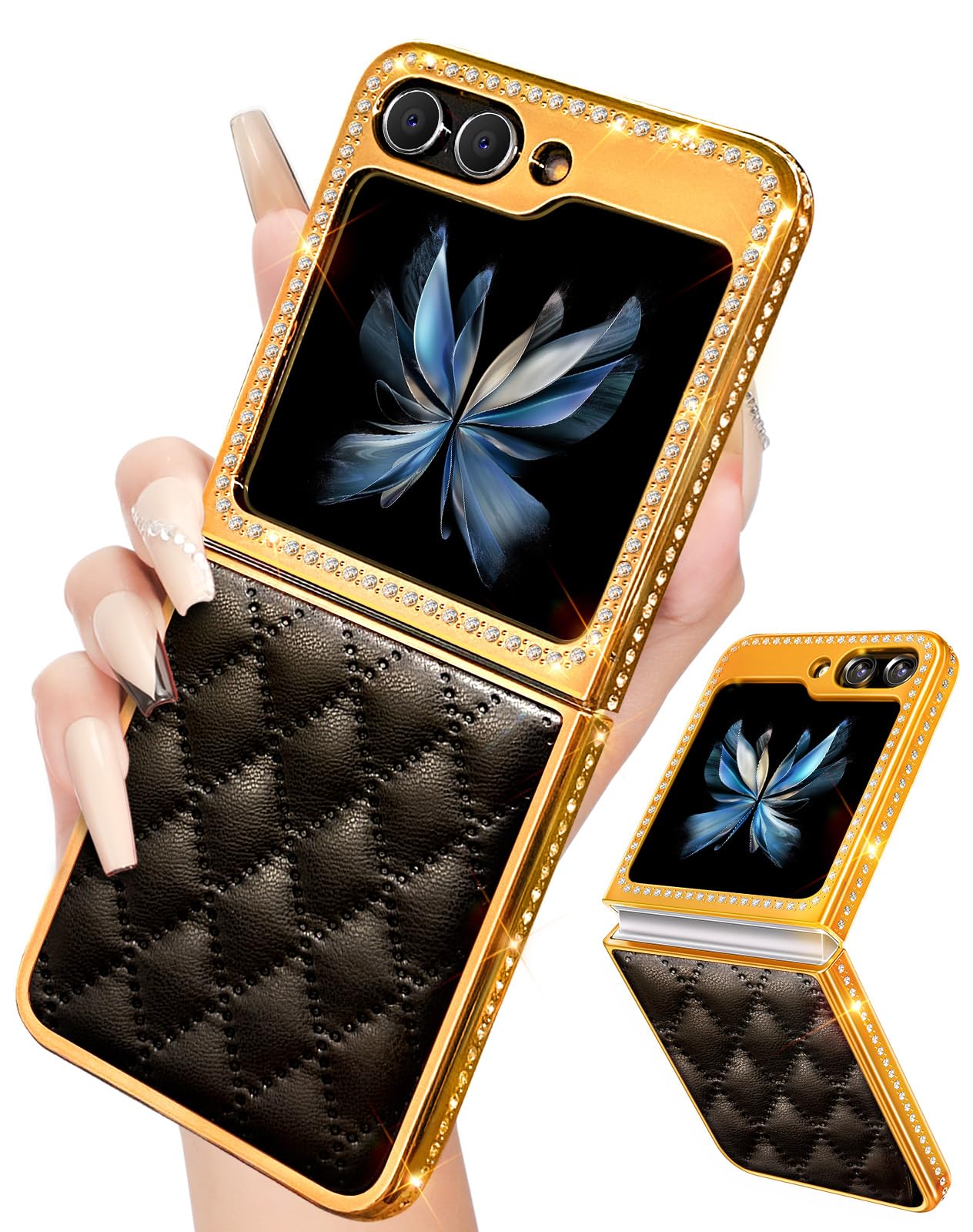 Photo 1 of Shorogyt for Samsung Galaxy Z Flip 5 Case, Luxury Leather Diamond Z Flip 5 Cases for Women Girls, Elegant Girly Glitter Bling Rhinestone Soft Rhomboid PU & Hard PC Plated Phone Case for Flip 5 Black