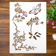 Large A4 Flower Stencil for Painting on Wood Wall, 8.3" × 11.6" Reusable Wall Painting Stencils, Leaf Stencils Butterfly Sten