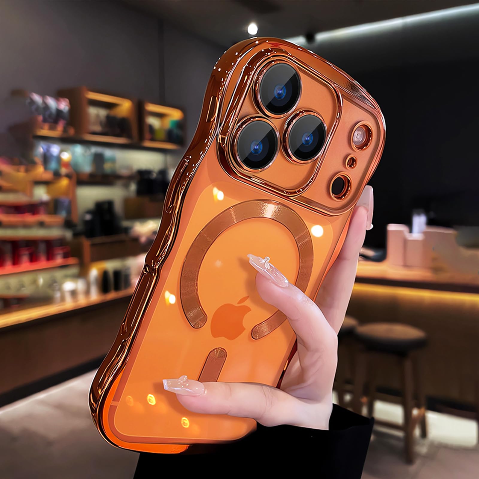 JBJZYZZ for iPhone 17 Pro Max Case Magnetic Compatible with MagSafe Upgraded [Full Camera Protection] Clear Shockproof Protective Slim Phone Case Cute Curly Wave Edge for iPhone 17 Pro Max,Orange