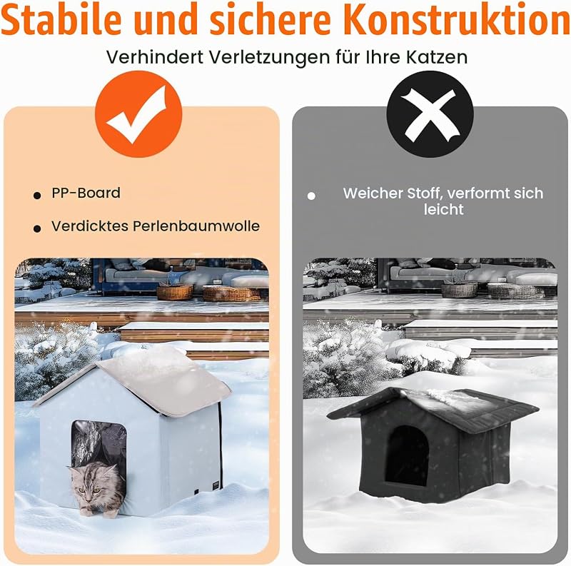 Katzenhütte 47x42x47 cm, Katzenhaus, Katzenhöhle, Katzenunterschlupf aus 600D Oxford-Gewebe mit Beheiztem Kissen, Temperaturerhöhung bis 20 °C, für den Winter, Blau (klein)