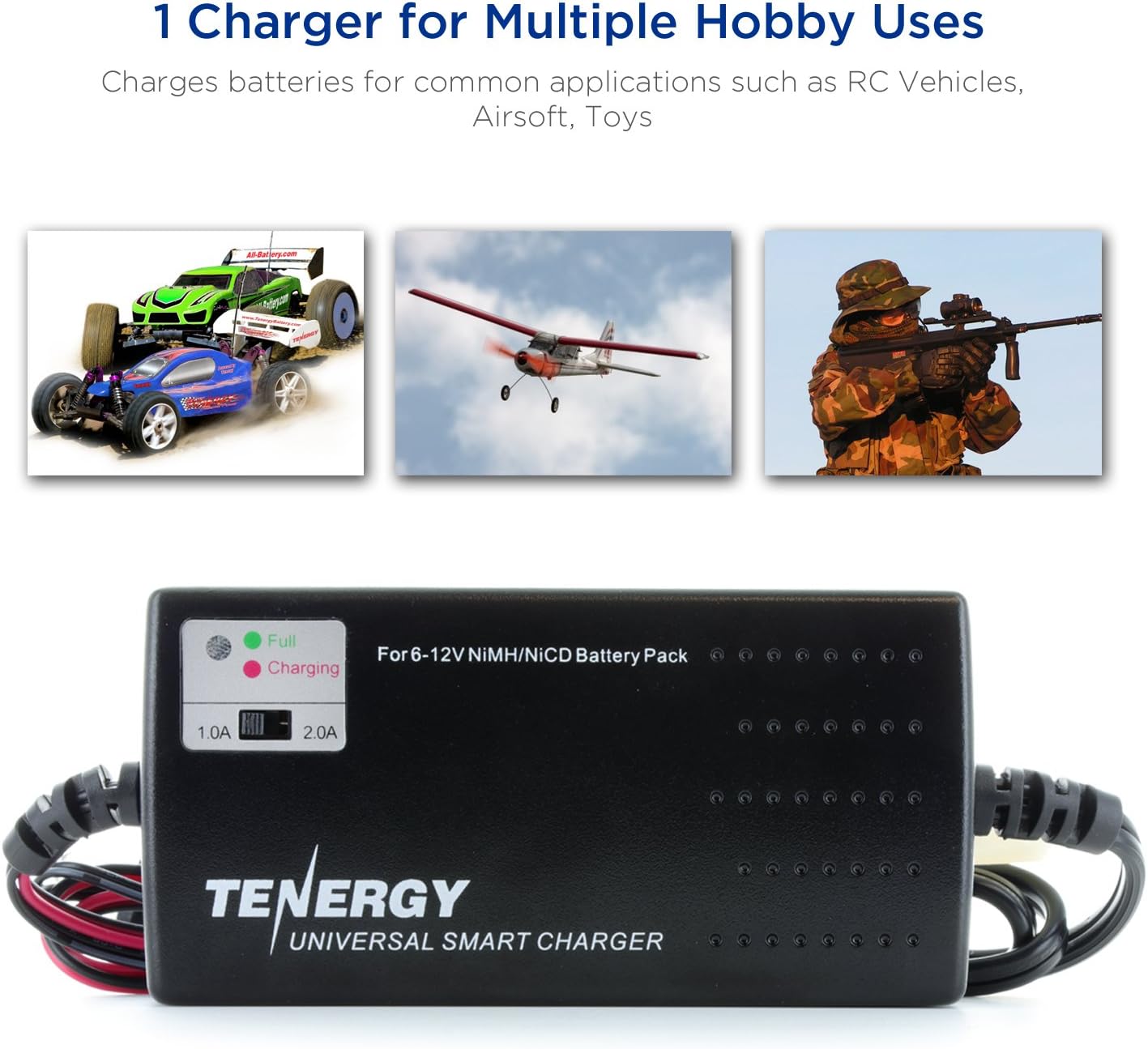 Tenergy Universal RC Battery Charger for NiMH/NiCd 6V-12V Battery Packs, Fast Charger for RC Car, Airsoft Batteries, Compatible with Standard Size Tamiya/Mini Tamiya/Alligator Clips Connectors 01025: Toys & Games