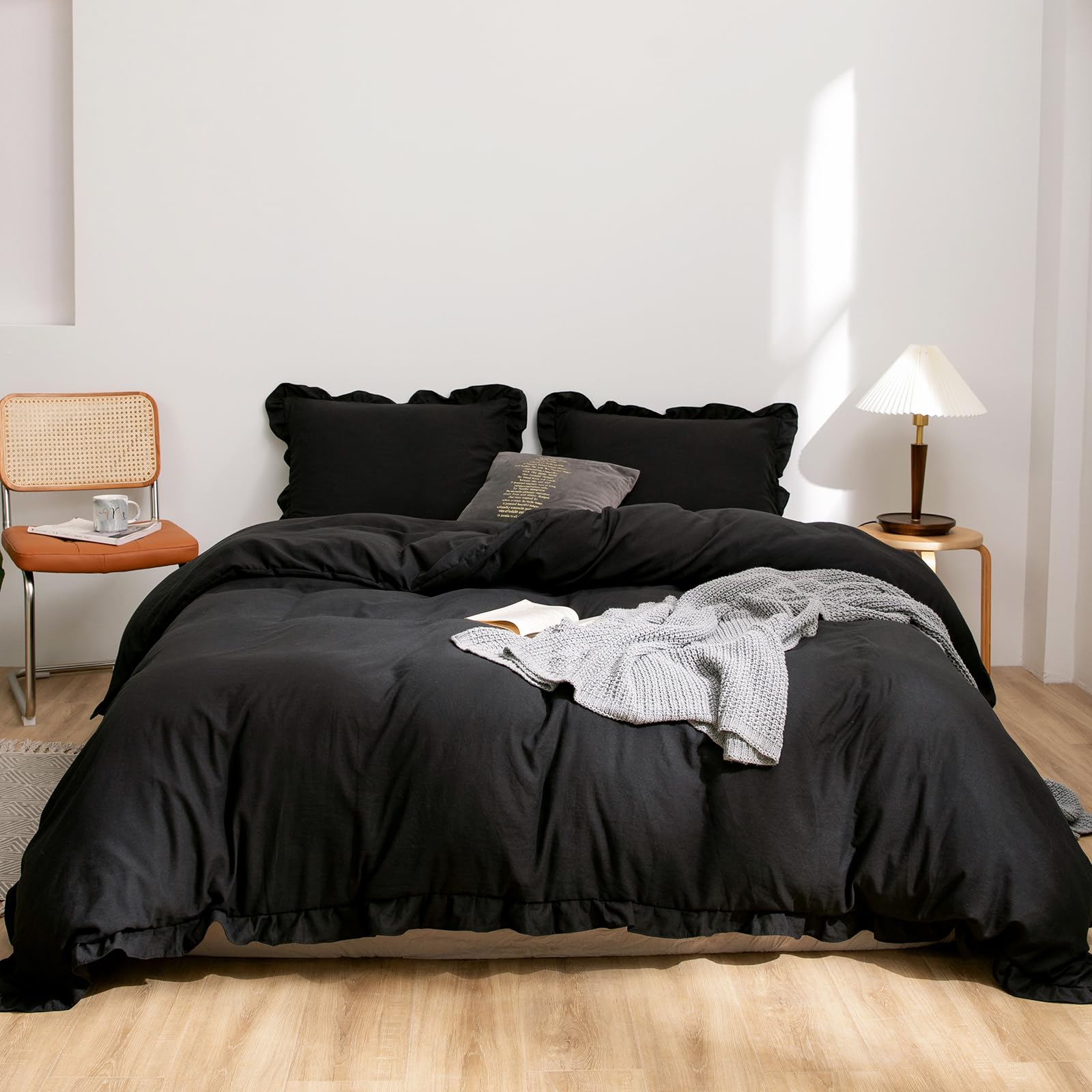 Herside Black Ruffle Duvet Cover Set Double Boho Bedding Shabby Chic Ruffled Decor Soft Washed Microfibre Bedding Sets 1 Duvet Cover 2 Pillowcases (Black,Double) — image 1
