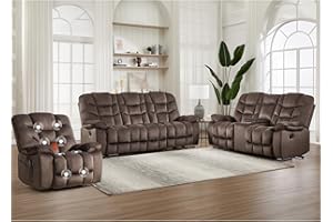 HAOMARKETS 3 Pieces Recliner Sofa Furniture Set, Power Recliner Chair with Message& Heat, Manual Loveseat Sofa with Hidden Storage and Cup Holders and 3-Seater Reclining Couch for Living Room, Brown