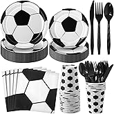 Domensi 280 Pcs Sports Party Paper Plates and Napkins Paper Cups Plastic Knives Forks Spoons Disposable Tableware Complete Supplies for Baby Shower Sports Themed Birthday Party, Serve 40(Soccer)
