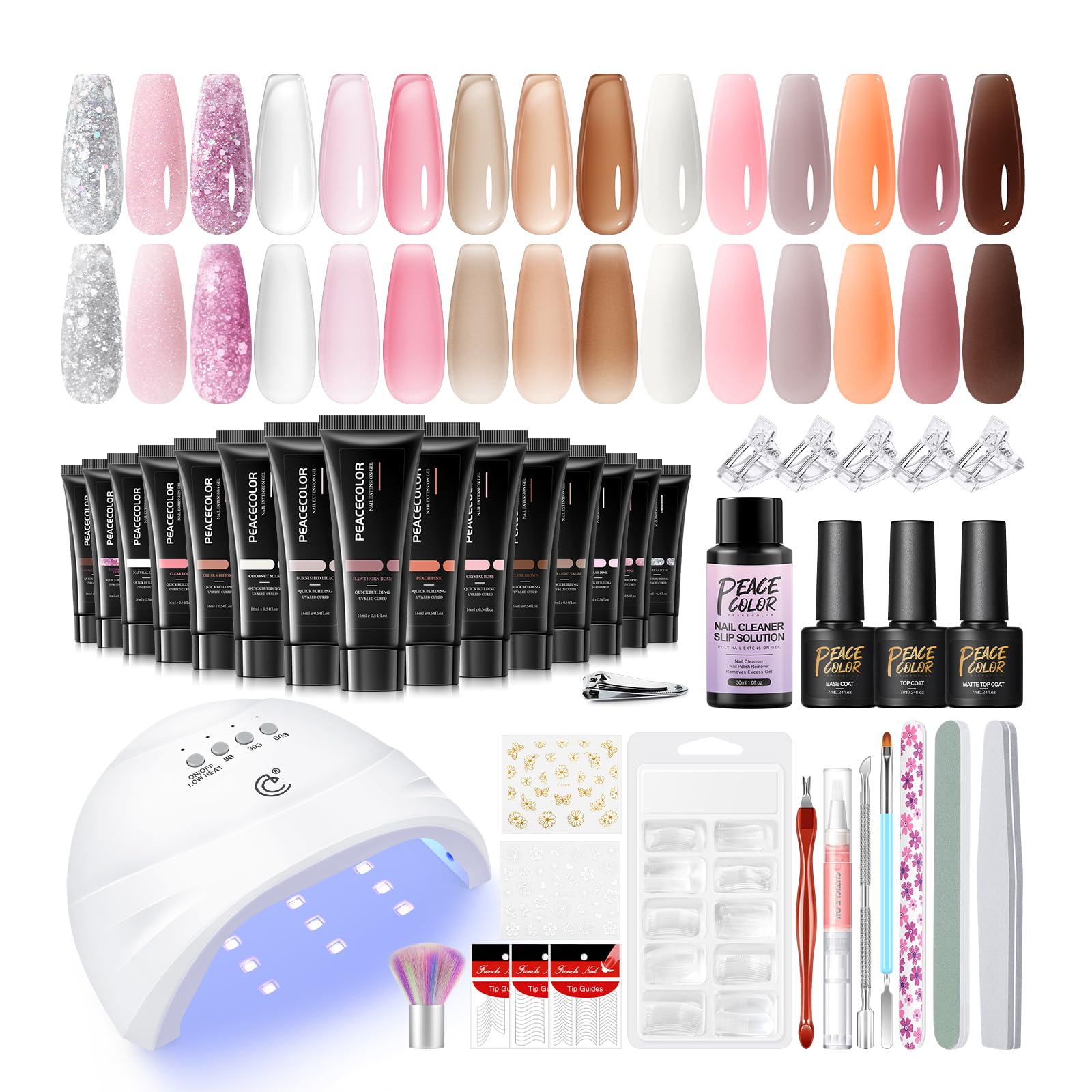 PEACECOLOR 40Pcs Poly Extension Gel Nail Kit, Gel Nails Kit with U V Lamp 15 Colours Poly Extension Gels White Clear Pink Nude Brown, Nail Decoration Manicure Tools, Valentine's Day Gift for Women