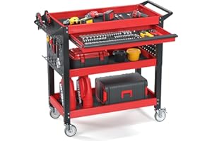 XCX 3 Tier Tool Cart on Wheels, Heavy Duty Metal Rolling with Drawers and Pegboards, 660 LBS Load Capacity Tool Storage Cart, Industrial Utility for Garage, Warehouse, Workshop
