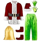 Jaaytct Halloween Costumes Adult Men Green Santa Costume, 8Pcs Furry Santa Suit Christmas Funny Cosplay Outfit