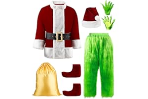 Jaaytct Halloween Costumes Adult Men Green Santa Costume, 8Pcs Furry Santa Suit Christmas Funny Cosplay Outfit