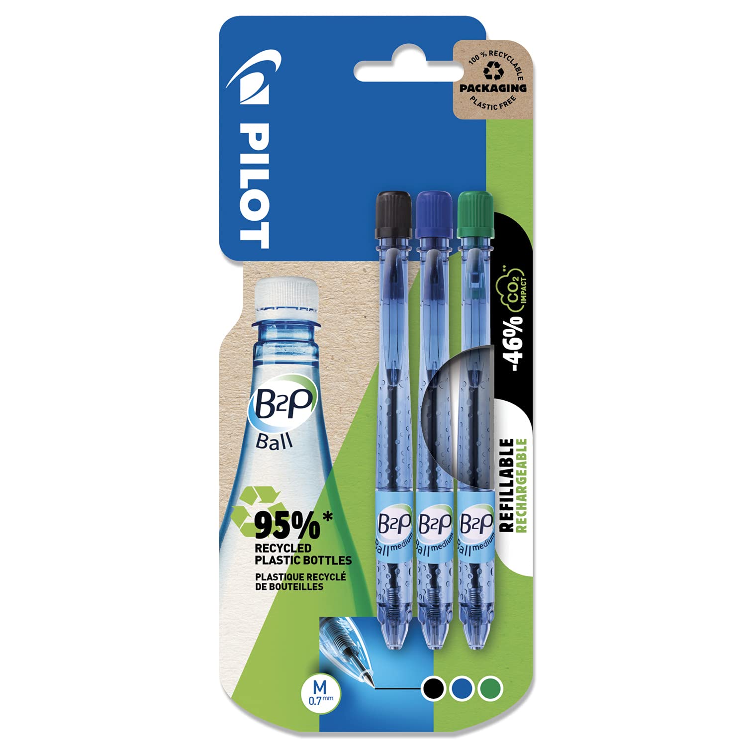Pilot Pen 2042B3 - B2P Ballpoint Pen, Black, Blue and Green, Indelible, Pack of 3