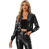 Allegra K Women Sequin Bomber Jackets Halloween Sparkly Long Sleeve Zip Front Shiny Cropped Jacket Glitter Party Disco Outfit