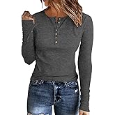APOFER Womens Long Sleeves Ribbed Knit Tunic Shirts Scoop Neck Button Down Tops Casual Henley Tee Shirt Slim Fit Blouses