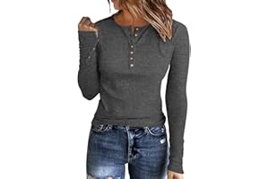 APOFER Womens Long Sleeves Ribbed Knit Tunic Shirts Scoop Neck Button Down Tops Casual Henley Tee Shirt Slim Fit Blouses