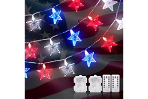 Dirnun 4th of July Decorations Red White and Blue Lights with 2Pack 60 Led Big Stars, Battery Operated Patriotic Lights 30Led Each for Indoor Outdoor Home Garden Golf Cart Memorial Day Decorations