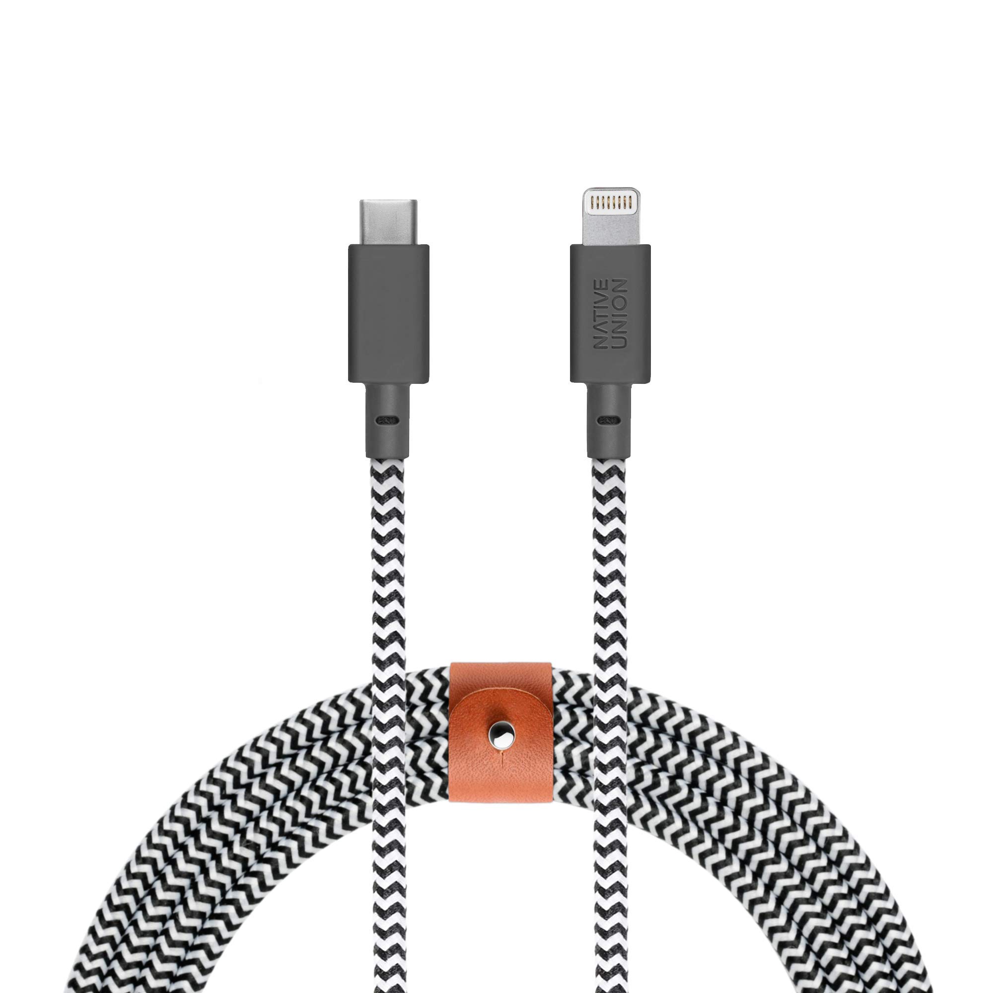 Native Union Belt Cable XL - 3m (10ft) Ultra-Strong Reinforced Durable USB-C to Lightning [MFi Certified] Charging Cable with Leather Strap compatible with iPhone/iPad (Zebra) — image 1