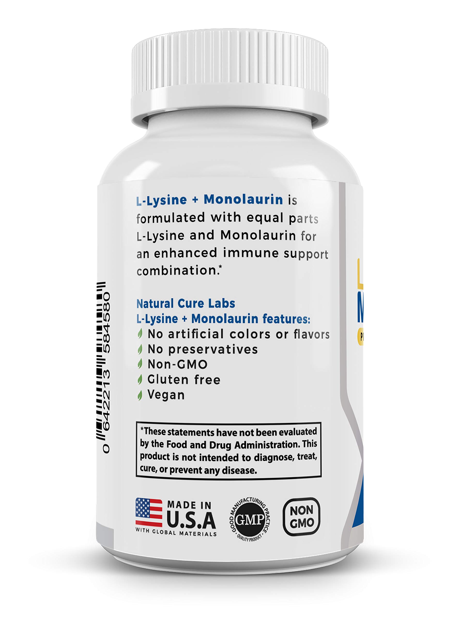 Natural Cure Labs L-Lysine + Monolaurin 600mg 1:1 Ratio, 100 Capsules