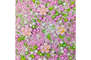 Homankit Edible Flowers for Cake Decorating Pink Flowers Sprinkles White Green Sugar Pearls Baking Cake Cupcake Toppers Cookie Dessert Decorations Birthday Party Supplies with 4 Large Flowers