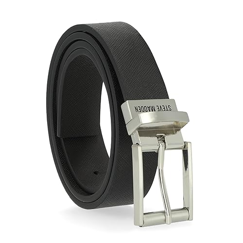 Steve Madden Men's Dress Casual Every Day Leather Belt, Black/Brown (Reversible-Textured), Small