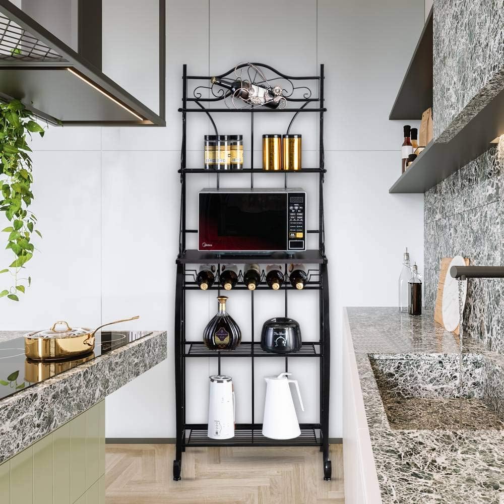 ROVSUN Upgrade Multiuse 5-Tier Metal Kitchen Bakers Rack, Microwave Storage Rack Oven Stand with Wine Storage Organizer Workstation Black (25" x 16" x 68") - Standing Baker's Racks
