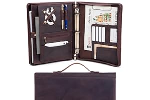 Geslun Genuine Leather Portfolio with Handle and Zipper, Full Grain Leather Padfolio 3 Ring Binder, A4 Clipboard Laptop Sleev