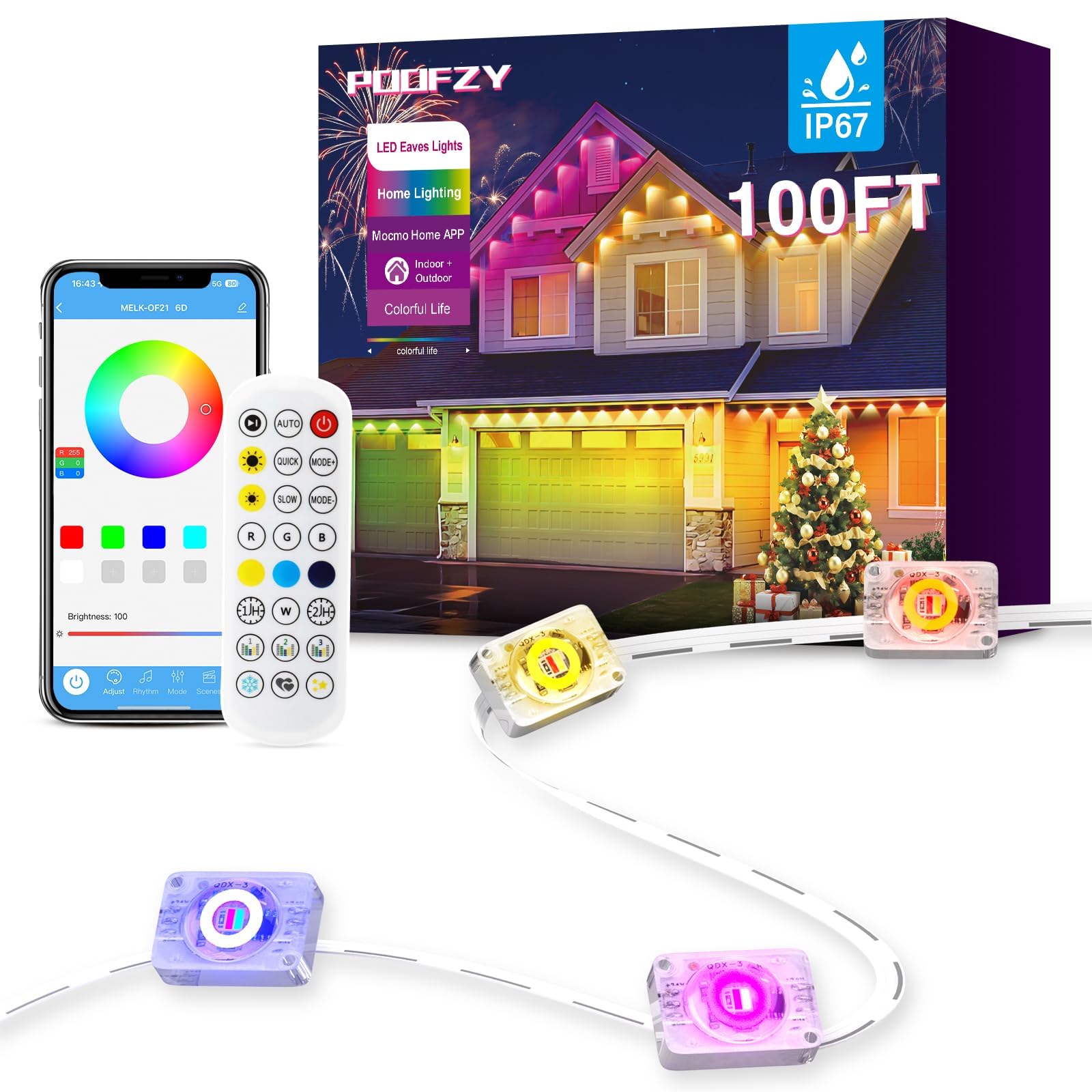 Photo 1 of POOFZY Permanent Outdoor Lights for House, 100ft RGB+IC Smart Outdoor Decor, 50 Scene Modes, App/Remote Control, IP67 Waterproof, for Christmas, Holiday, Daily & Pool Party Decor, House Roof Lighting