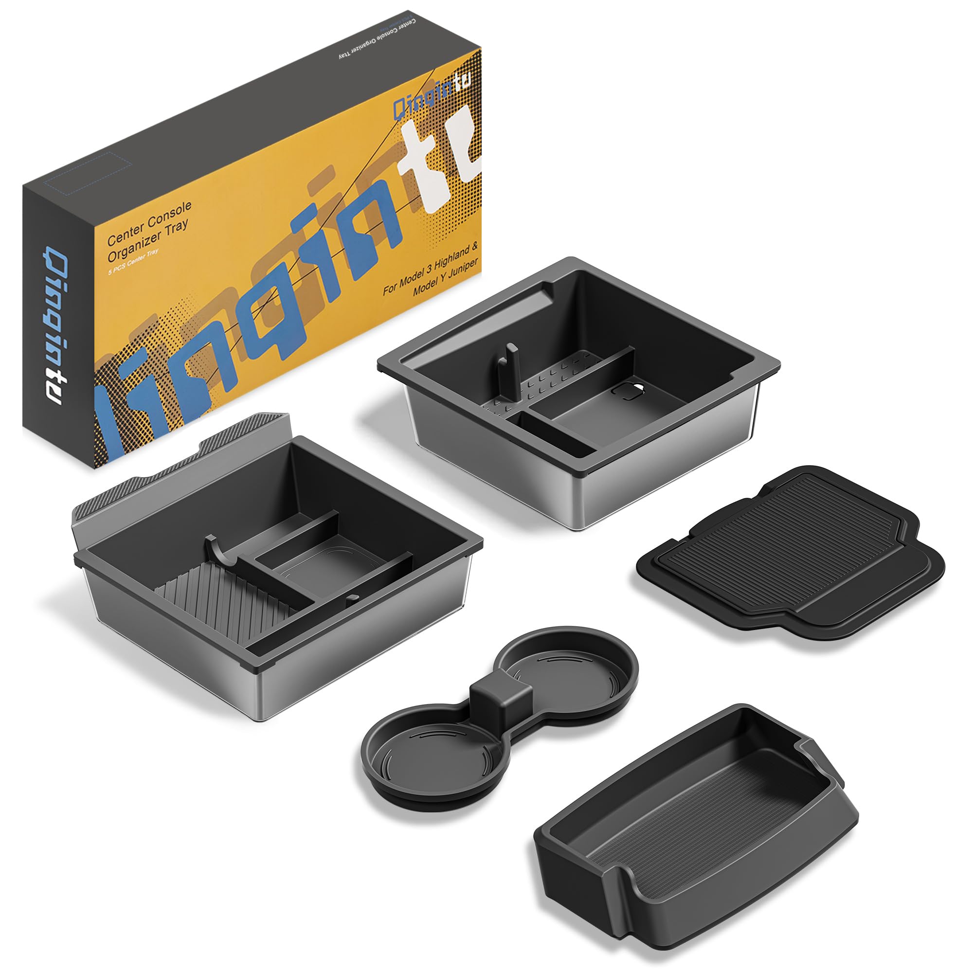 Photo 1 of QINQINTU for Tesla Model Y Juniper(2025-2026) & Model 3 Highland(2024-2026) Center Console Organizer [Slide Smoothly & Carbon Fiber] Sunglasses Cup Holder for Tesla Model 3 Model Y Accessories Black