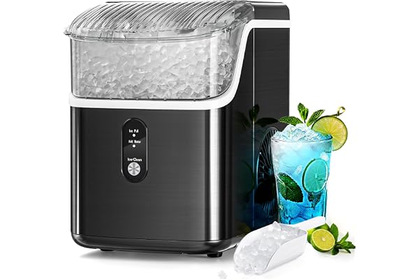 Antarctic Star Nugget Ice Makers Countertop, Portable Ice Machine with Ice Scoop & Basket, 34Lbs/24H, Self-Cleaning, One Click Operation for Camping/RV/Party (Stainless Steel Black)