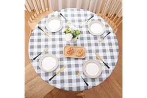 smiry Round Elastic Fitted Table Cloth, 36"-44" Vinyl Buffalo Plaid Flannel Backing Table Cover, Waterproof Table for Dining 
