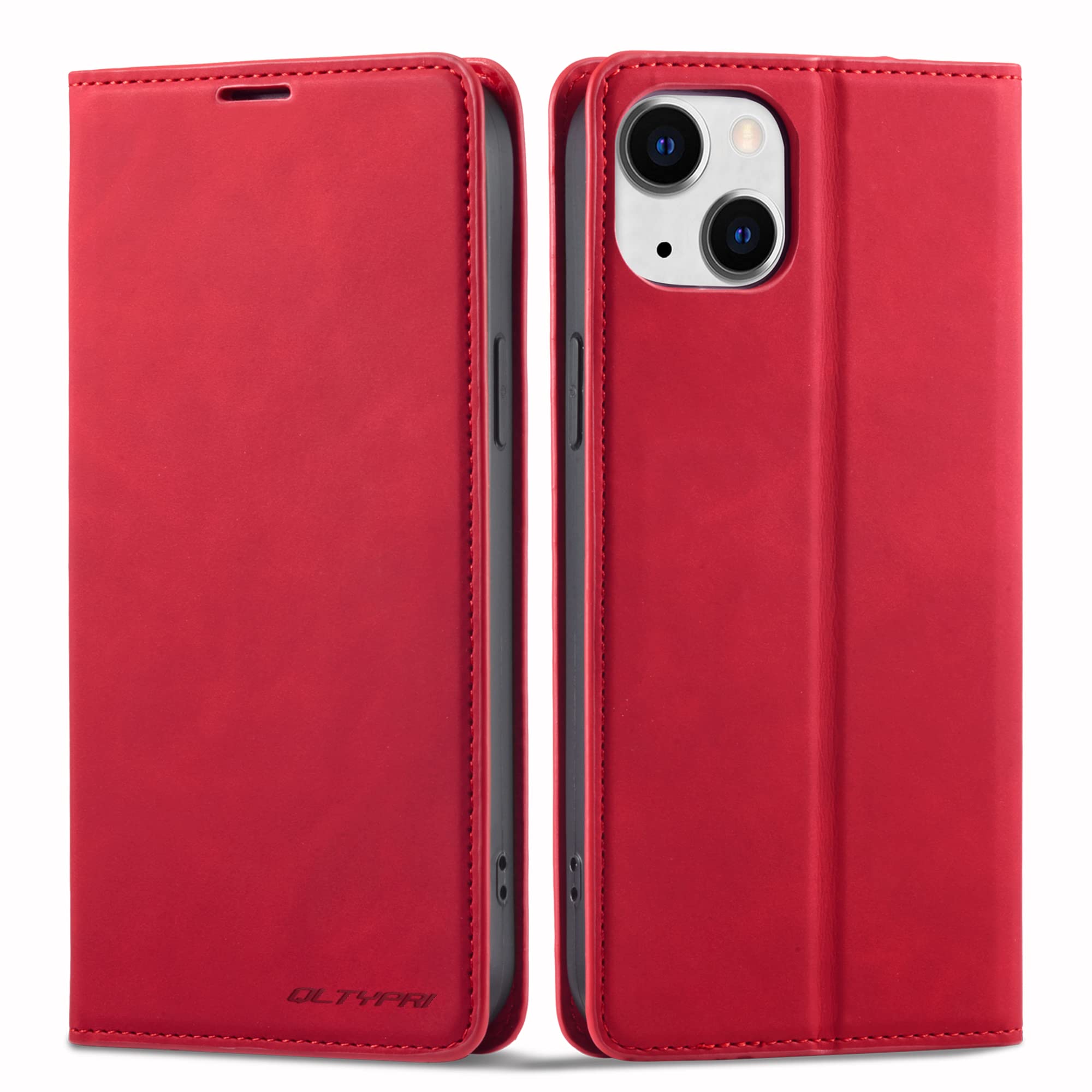 QLTYPRI Case for iPhone 13, Premium PU Leather Cover TPU Bumper with Card Holder Kickstand Hidden Magnetic Adsorption Shockproof Flip Wallet Case for iPhone 13 - Red