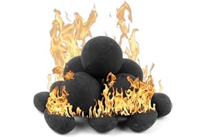 LJINNOVEX Ceramic Fire Pit Stones Set - Includes 12 Black Pebble Stones and 5 Round 3-Inch Balls for Indoor & Outdoor Fireplaces and Fire Pits - Safe and Reusable
