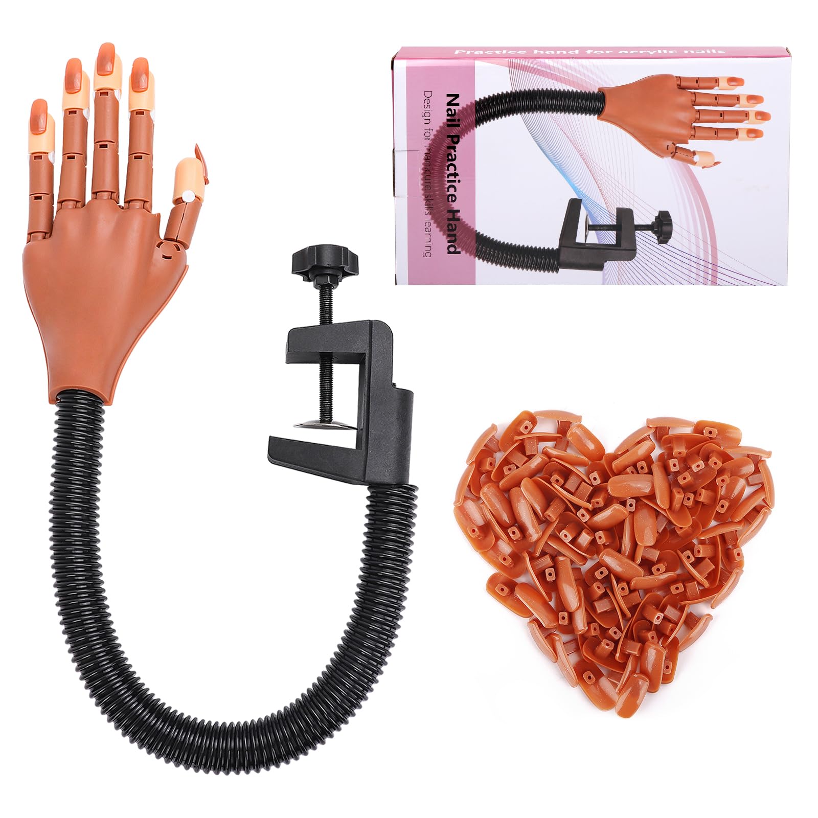 Nail Practice Hand for Acrylic Nails: Flexible Nail Hand Practice Model - Realistic Nail Training Hand Manicure Kit for Beginners Salon Home with False Nails 100 Pcs
