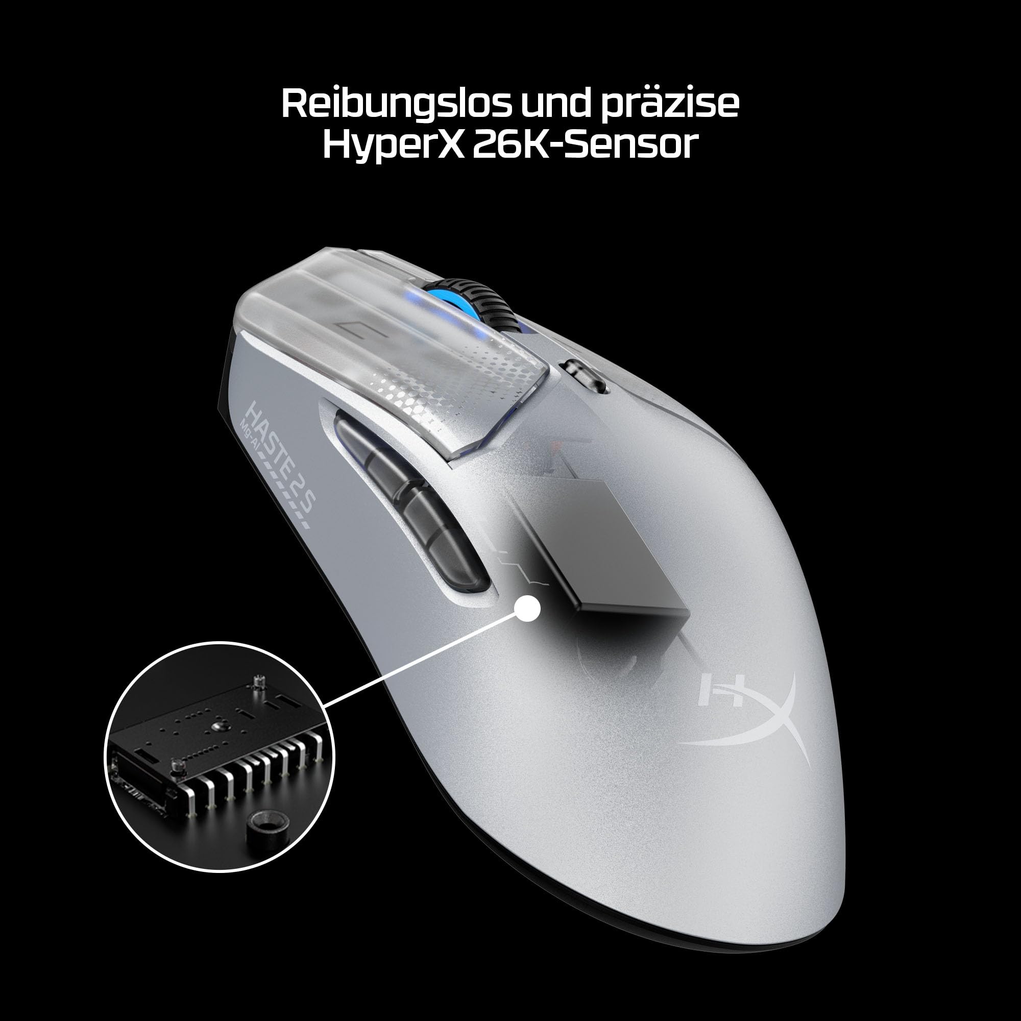 HyperX Pulsefire Haste 2 S Kabellose Gaming-Maus, Magnesiumgehäuse, Ultra-leicht, 64 g, Akku 120 h, Glass Skates, 26 K Sensor, Silber 6