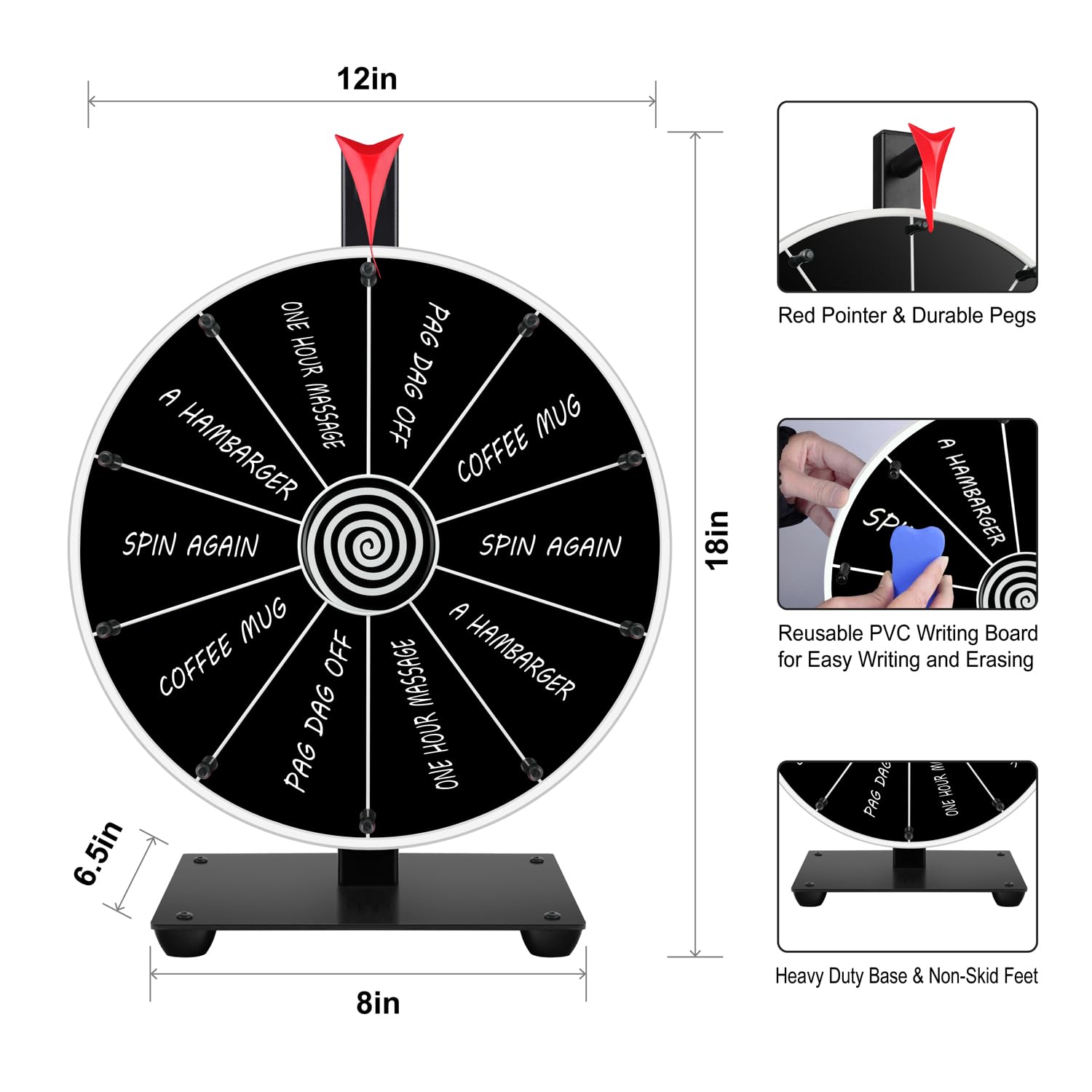 Pionites 12 Inch 10 Slots Prize Wheel Tabletop or Wall Mount Fortune Spin with Dry Erase Marker and Eraser for Engaging Home Parties, Trade Show, Carnival Events (12'' Black) - view 3