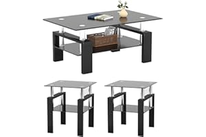 Meihua Glass Coffee Table and End Table Set of 3, Living Room Table Set with Tempered Glass & Metal Legs for Livingroom Center Table, Sofa Bedroom Nightstand. (Set of 3, Black Glass + Black Leg)