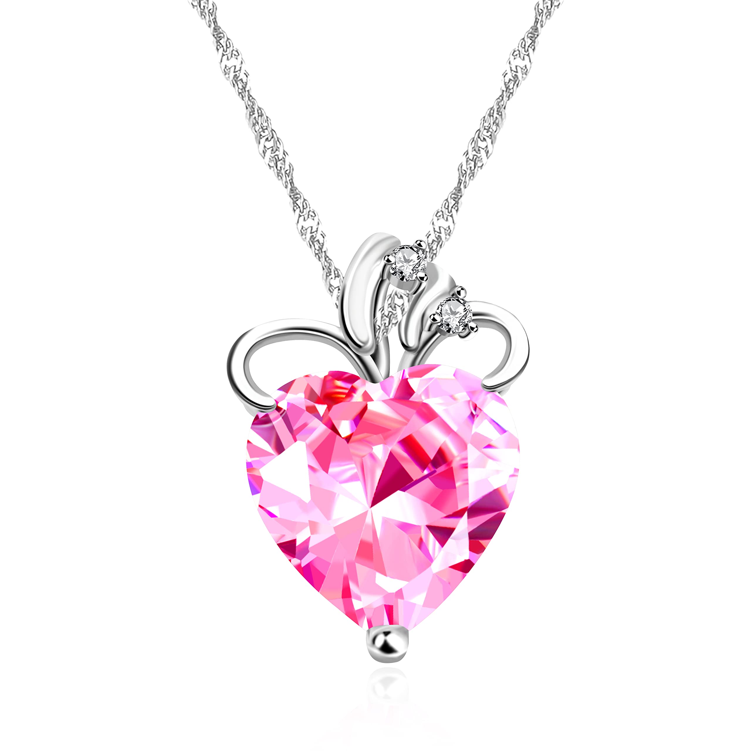 Silver Color Pink Heart Necklace Crystal Heart Pendant Valentines Birthday Jewelry for Women N437 (Pink)