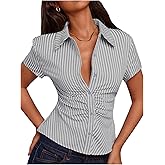 OYOANGLE Women's Striped Short Sleeve Button Down Blouse Y2K Fitted Ruched Collared Shirt Tops