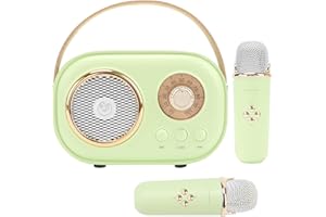 Aresrora Mini Karaoke Machine for Kids,Portable Bluetooth Speaker with 2 Wireless Microphone,Toys for Girls Boys Gifts,Retro Speaker Set Stereo Sound Enhanced Bass for Home Party Birthday (Green)
