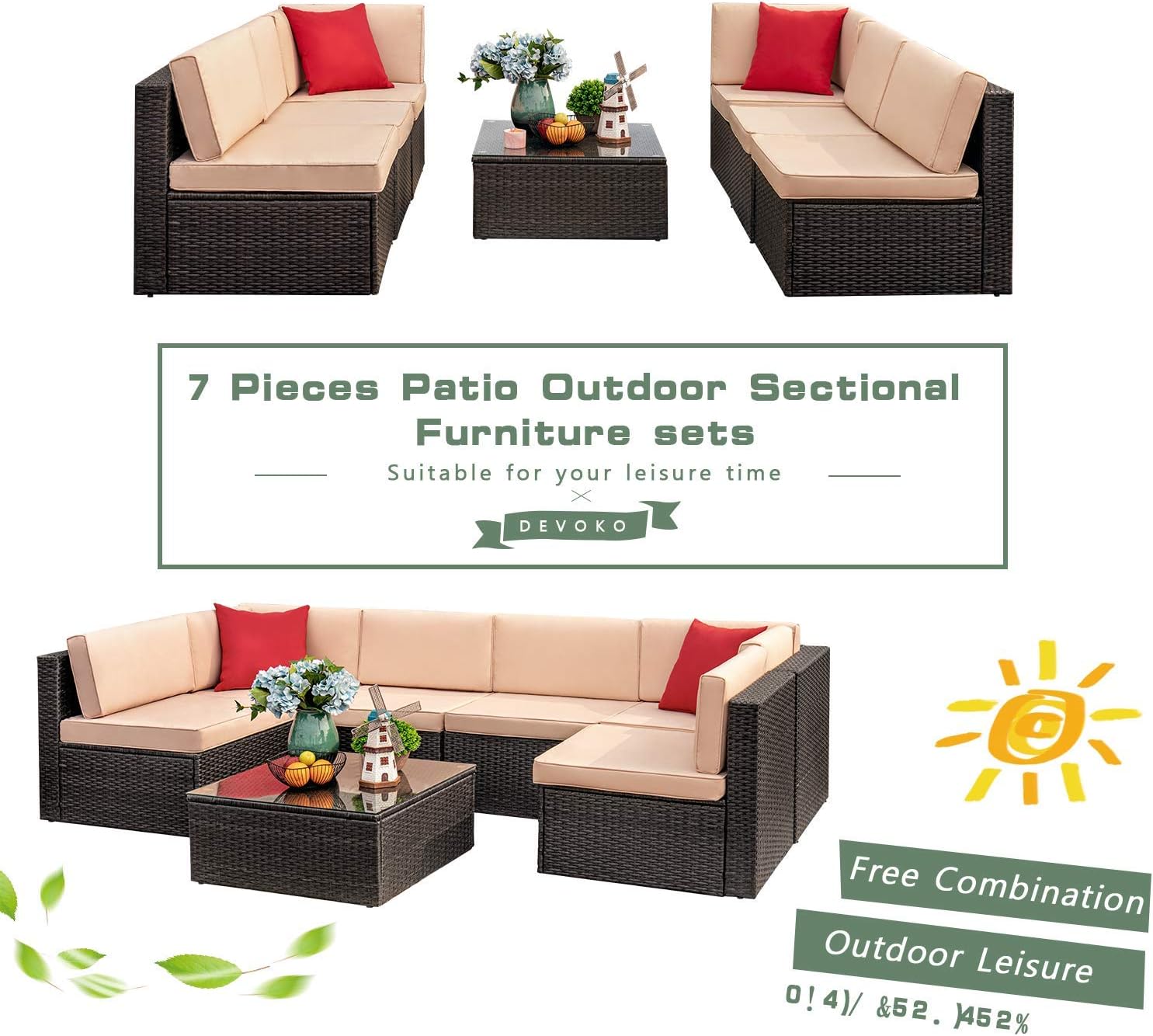 Devoko 7 Pieces Outdoor Sectional Sofa All-Weather Patio Furniture Sets Manual Weaving Wicker Rattan Patio Conversation Sets with Cushion and Glass Table (Beige): Garden & Outdoor