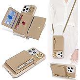 SunYoo for iPhone 16 Pro Max Case Wallet with Card Holder for Women,for iPhone 16 Pro Max Case with Strap Crossbody Lanyard Stand Ring,PU Leather Shockproof Zipper Pocket Phone Case-Beige