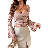 Floerns Women's Floral Bell Sleeve T Shirt Ruched Square Neck Hanky Hem Crop Tops